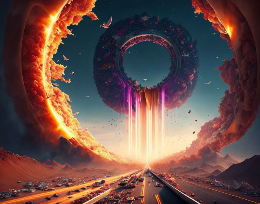 Colossal circular alien structure in desert highway under cataclysmic sky