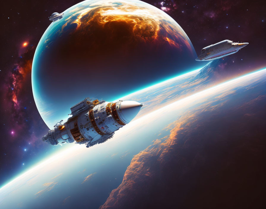 Futuristic space scene with spacecrafts orbiting Earth-like planet