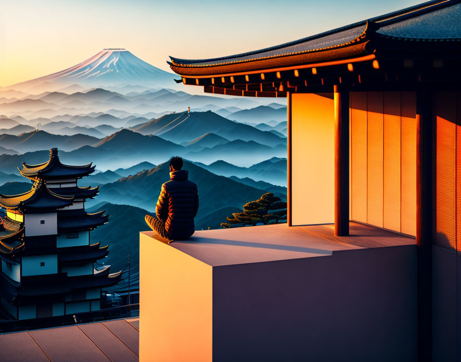 Sunset view of person at temple balcony with Mount Fuji and pagodas in background