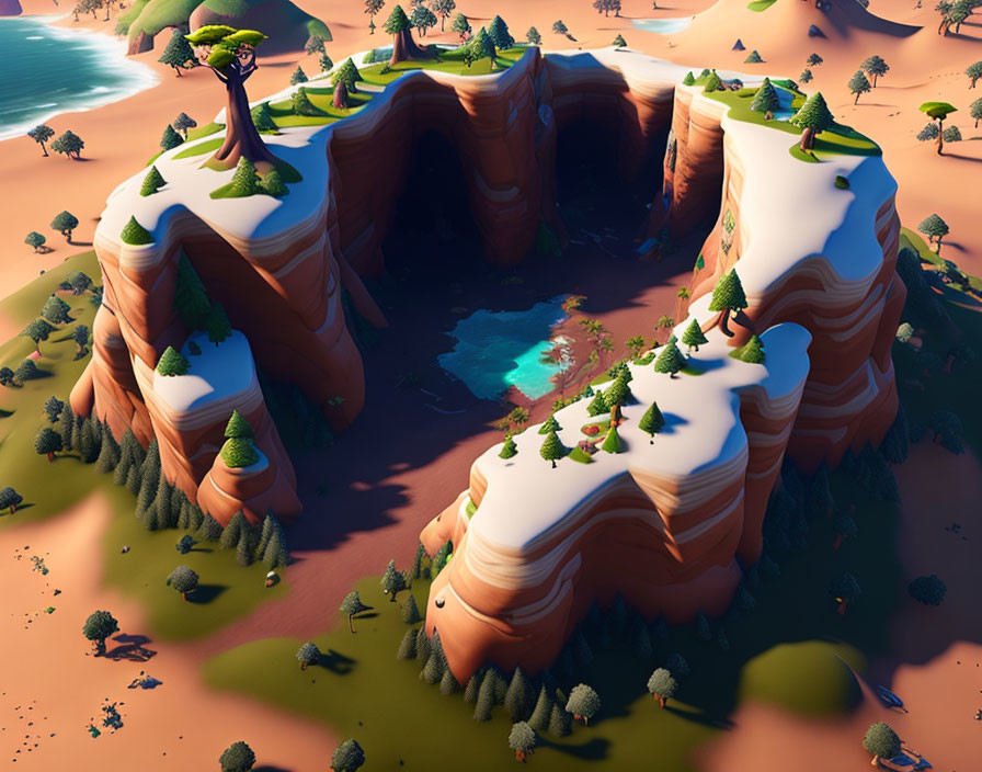 3D rendered oasis with layered rock formations and central pond