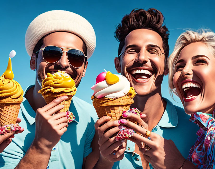 Three friends with colorful ice cream cones under blue sky laughing in summer outfits