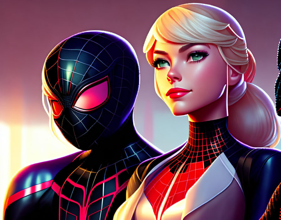 Two animated superhero characters with glowing background