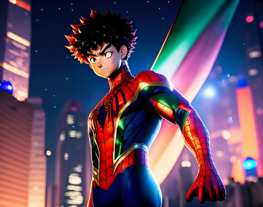 Animated Character in Spider-Man Costume in Neon-Lit City Backdrop