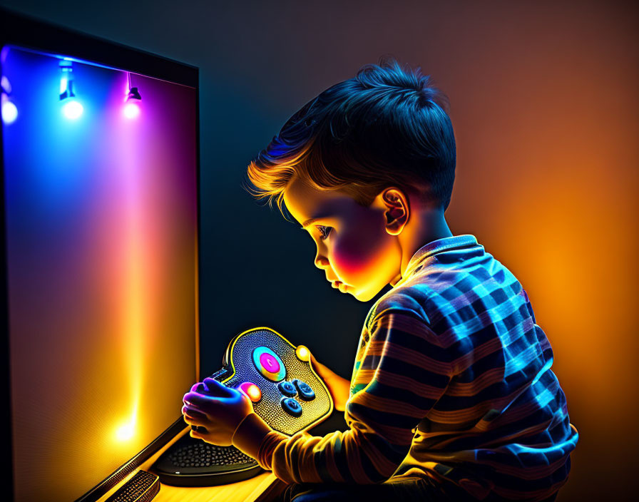 Child captivated by colorful screen lights with gaming controller in dimly lit room