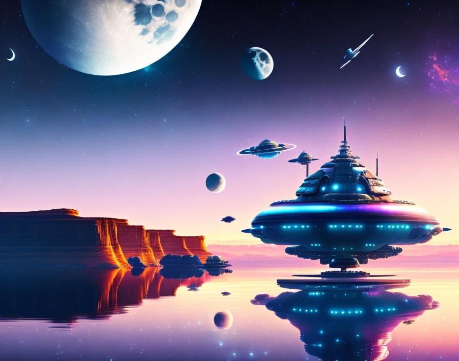 Large Spaceship in Vibrant Sci-Fi Scene with Moons and Passing Craft