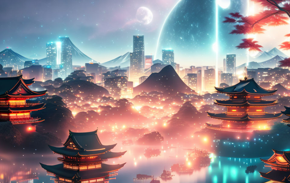 Futuristic cityscape with Asian architecture and modern skyscrapers at twilight