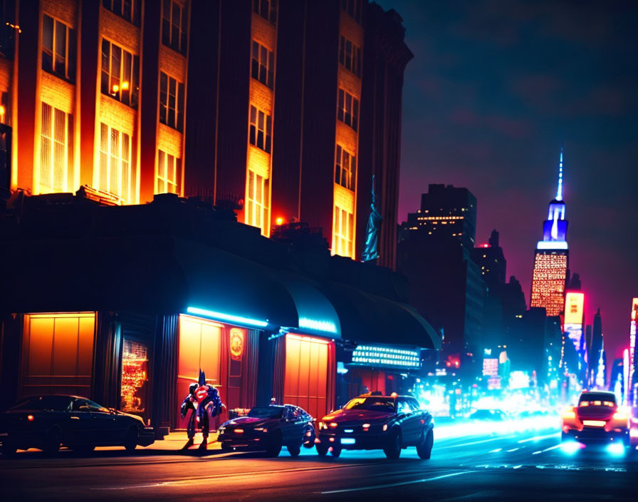 Vibrant cityscape at night with illuminated buildings and bustling street.