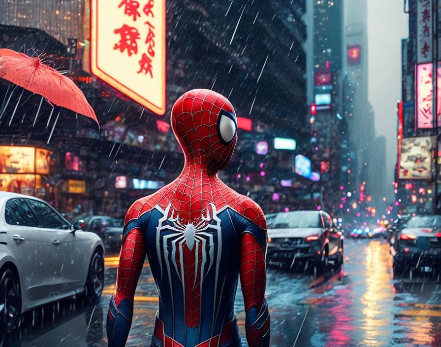 Superhero in rainy city street with neon signs and passing cars.