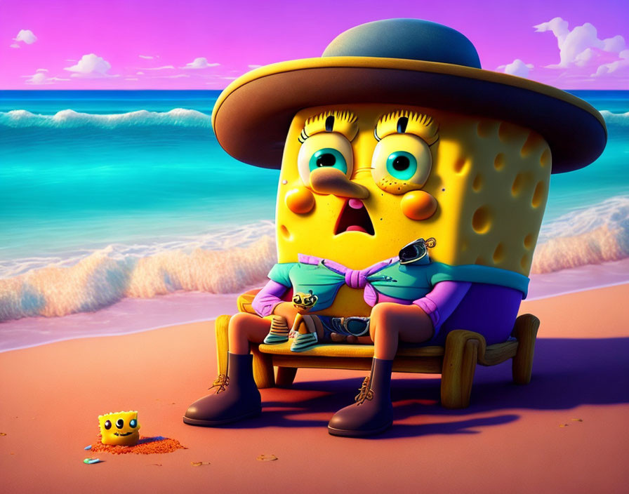 SpongeBob SquarePants Animated Beach Scene with Sand Sculpture