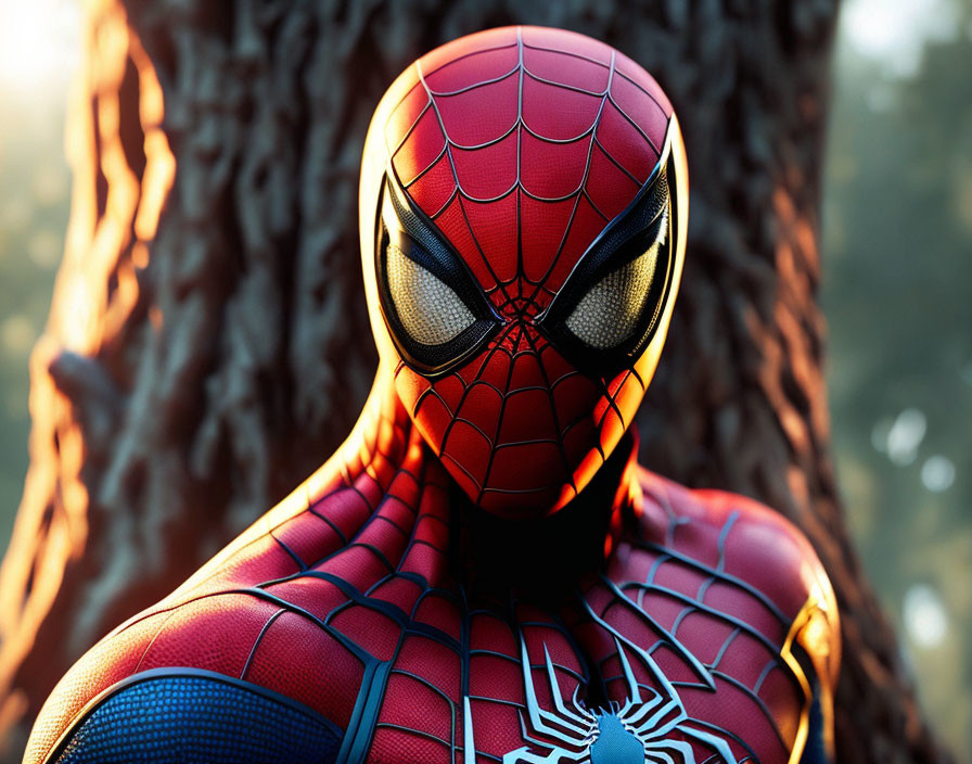 Person in Spider-Man costume with intricate web design against sunlit tree