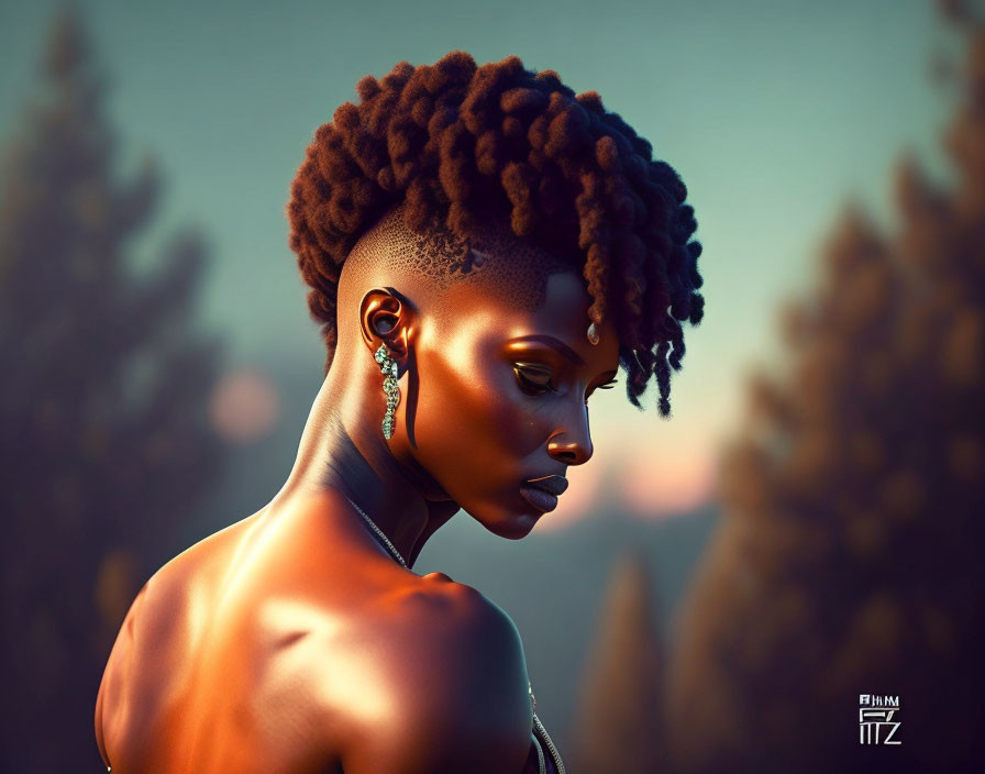 Stylish Afro Side Profile Against Blurred Natural Background