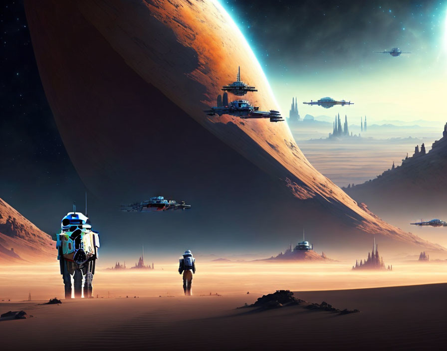 Astronauts walking on desert planet with spaceships and giant planet.