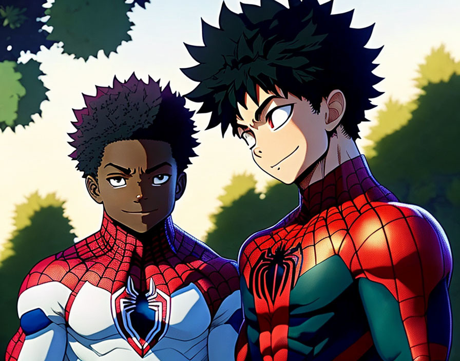 Two animated superhero characters in red and blue Spider-Man suit and green hair with black hero outfit standing confidently