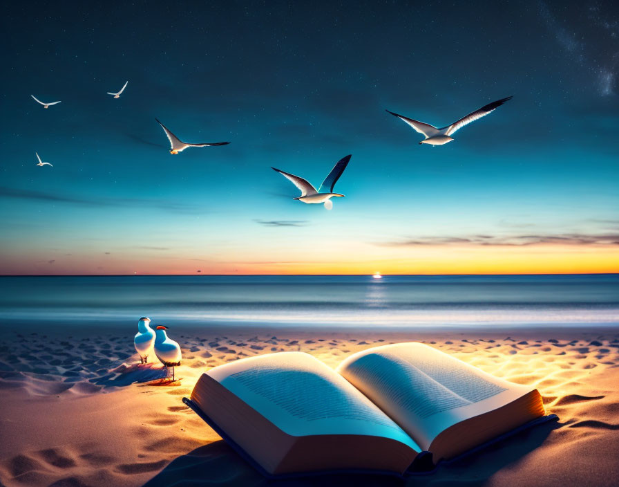 Open book on sandy beach at twilight with seagulls and starry sky.