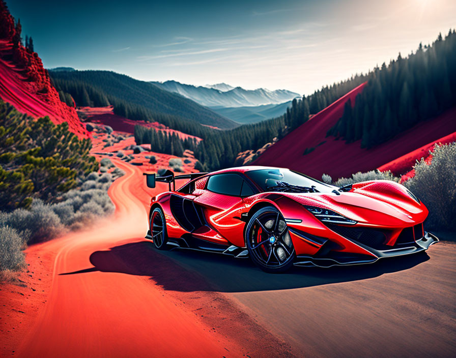 Red sports car parked on desert road with sandstone formations and trees under blue sky