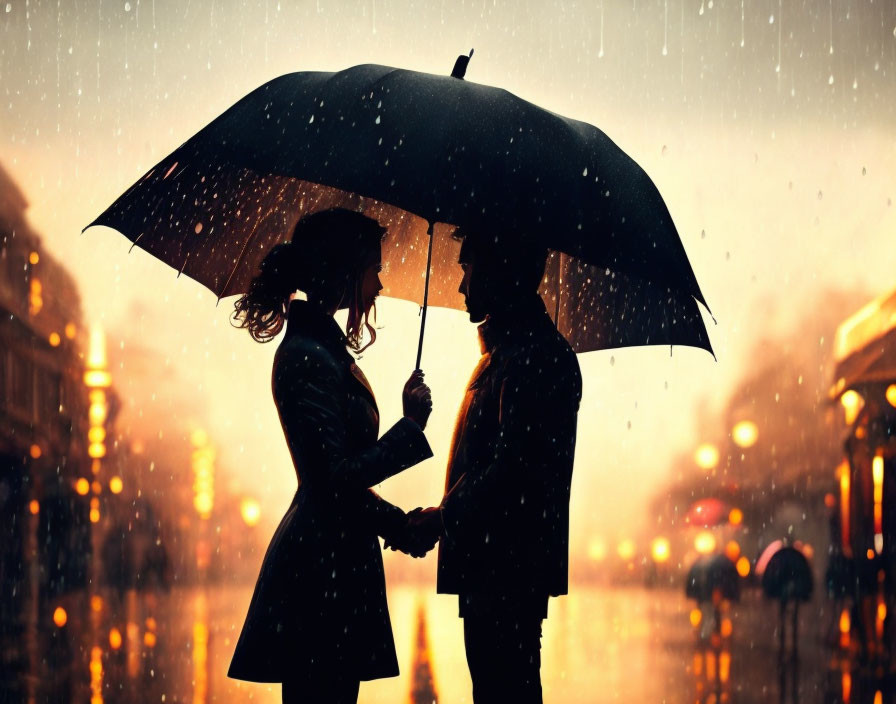 Couple under umbrella in rain-soaked evening illuminated by street lights