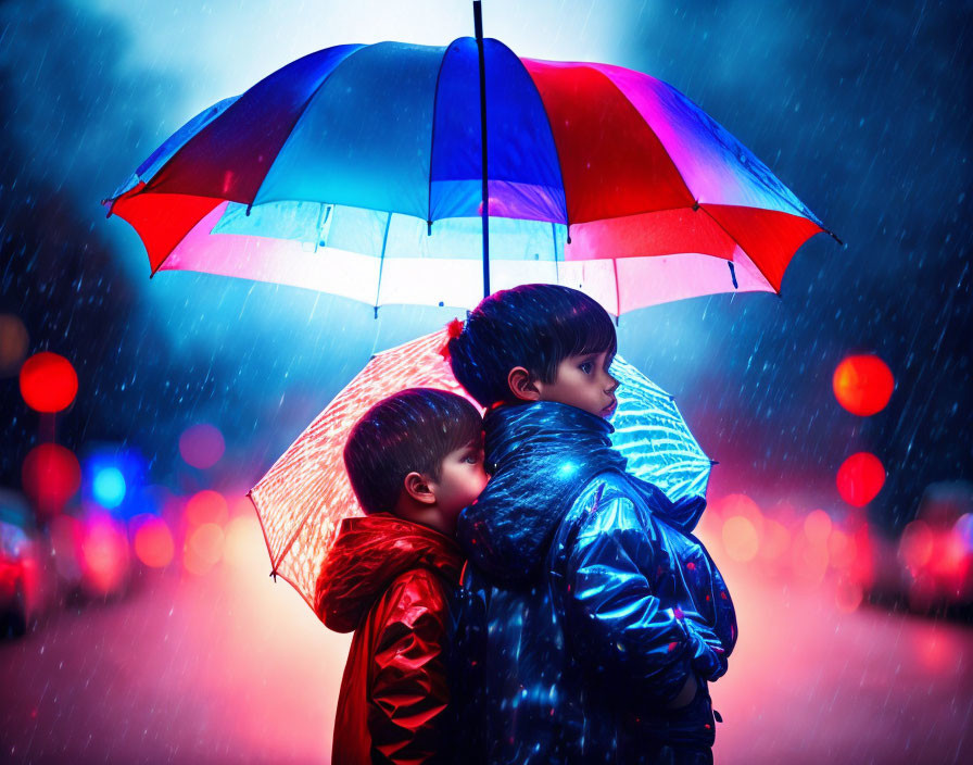 Children under colorful umbrella in rain at night with city lights reflection