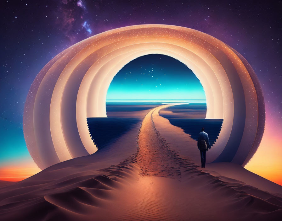 Surreal desert pathway with circular cosmic portal at twilight