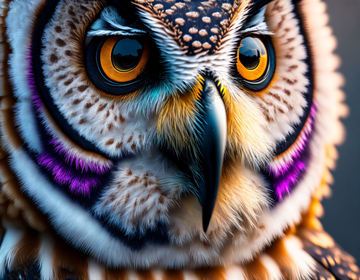 Colorful owl with orange eyes and sharp beak on dark background