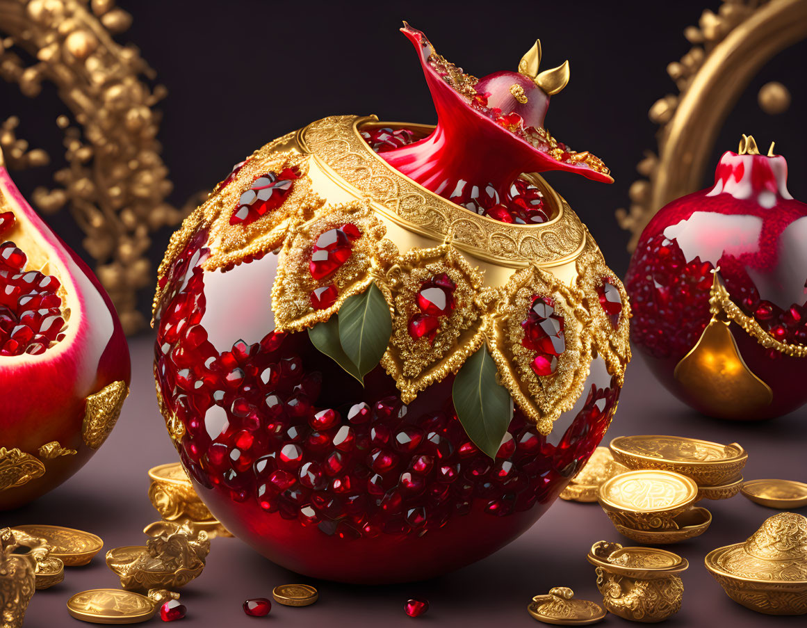 Luxurious ornate pomegranate with gold embellishments and coins on dark background