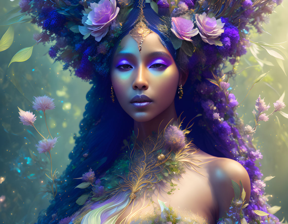 Mystical woman with floral crown in magical, blooming setting