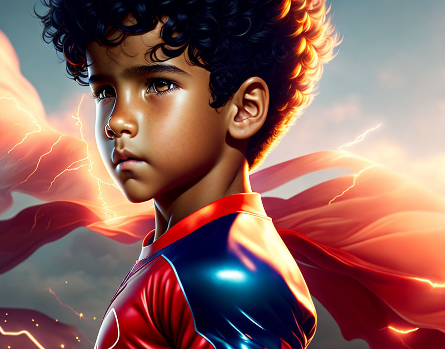 Young boy in superhero costume with curly hair against fiery background