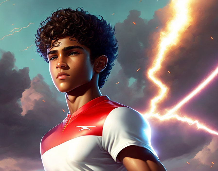 Curly-Haired Superhero in Red and White Suit Against Stormy Sky