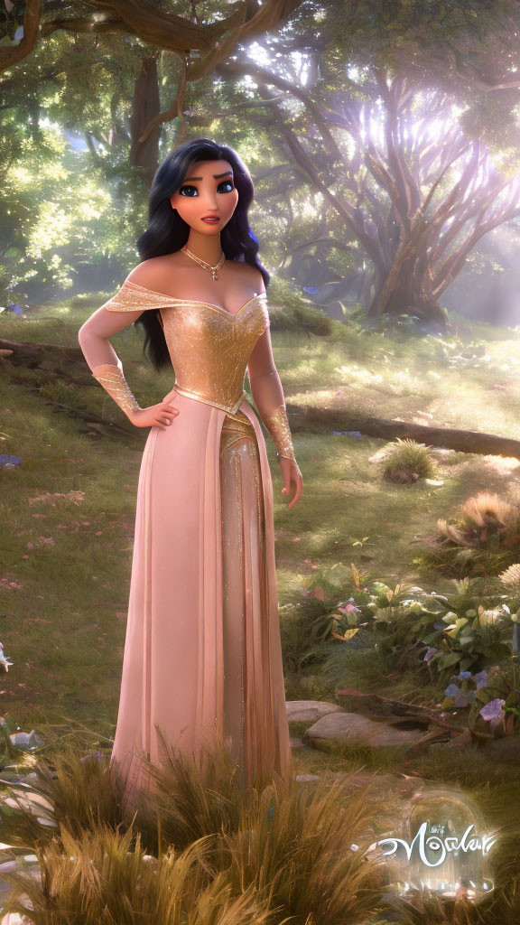 Dark-haired woman in gold-trimmed pink gown in sunlit forest clearing