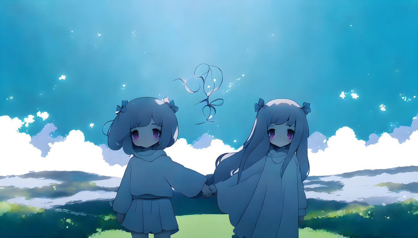 Two grey-haired anime girls with blue bows holding hands under a starlit sky and serene meadow.