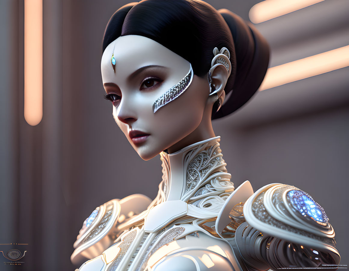 Detailed 3D Rendering of Female Android in White Armor