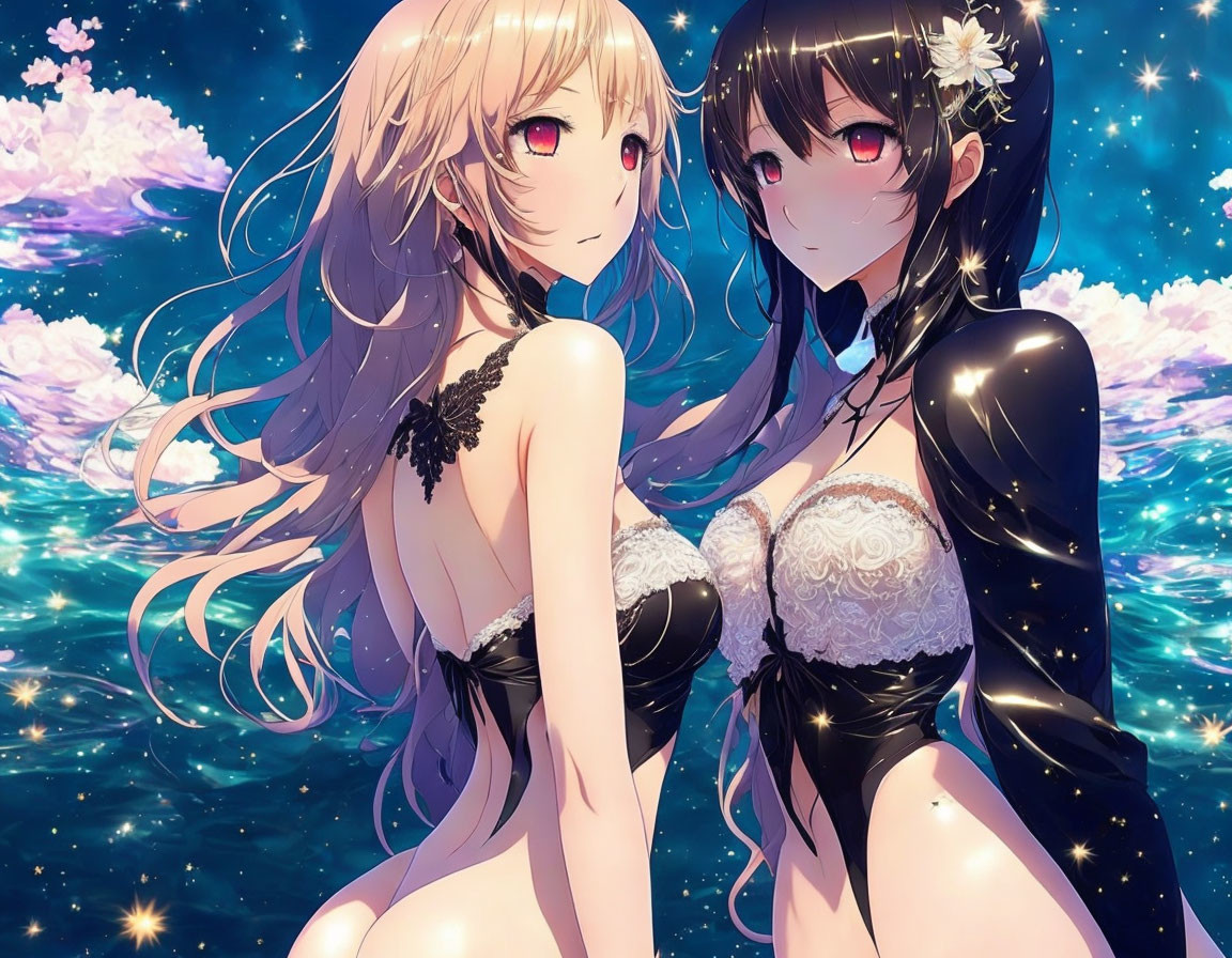 Two animated female characters in elegant attire with light and dark hair against a starry floral backdrop