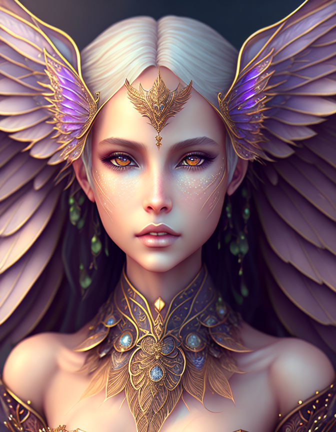 Fantasy illustration of female figure with elf-like ears and golden feathered adornments