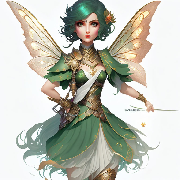 Female fairy warrior with green hair, golden armor, wings, sword, and magical aura.