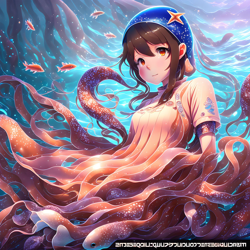 Vibrant anime girl with orange tentacles in cosmic underwater scene