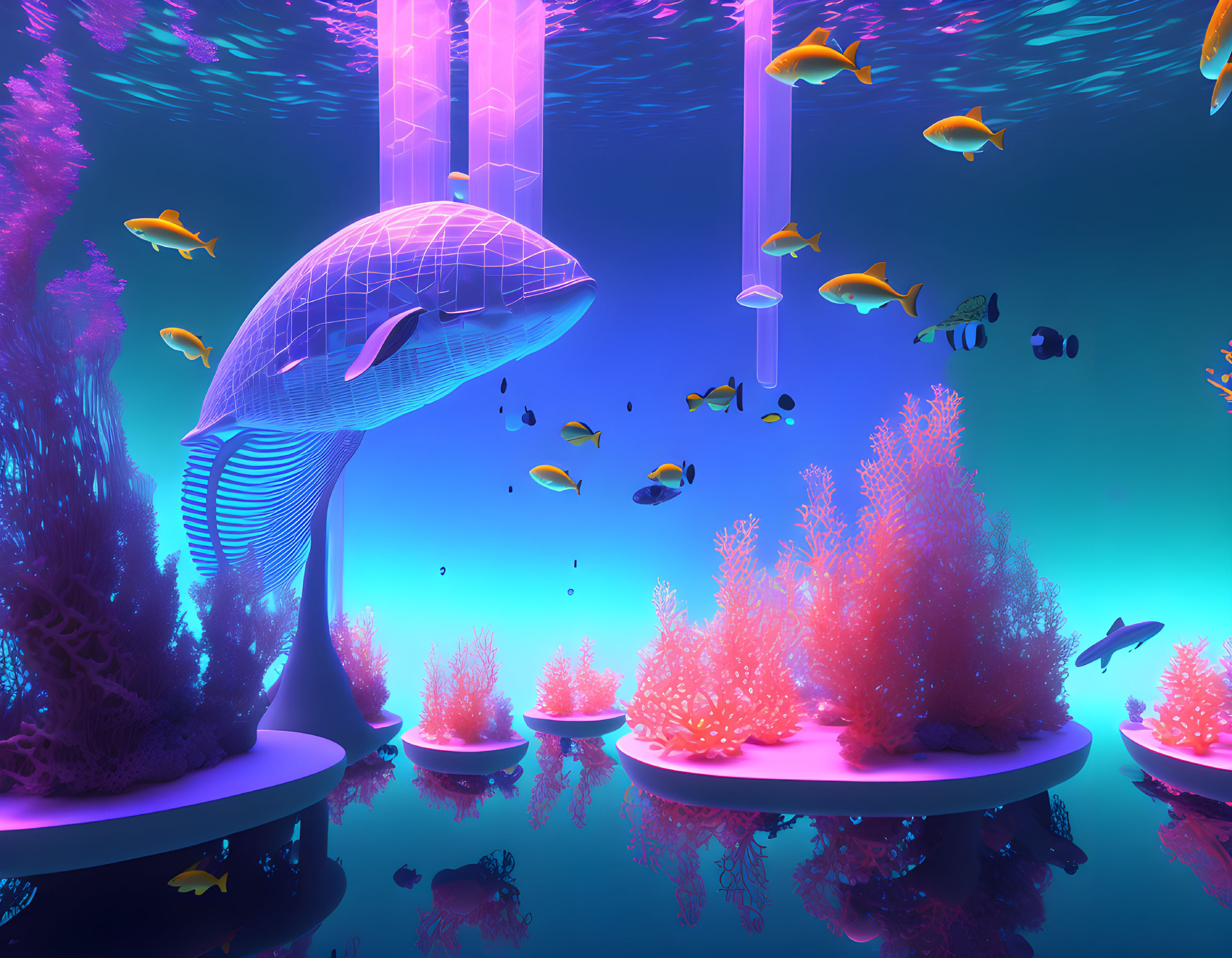 Colorful Underwater Scene with Neon-Lit Jellyfish and Digital Whale