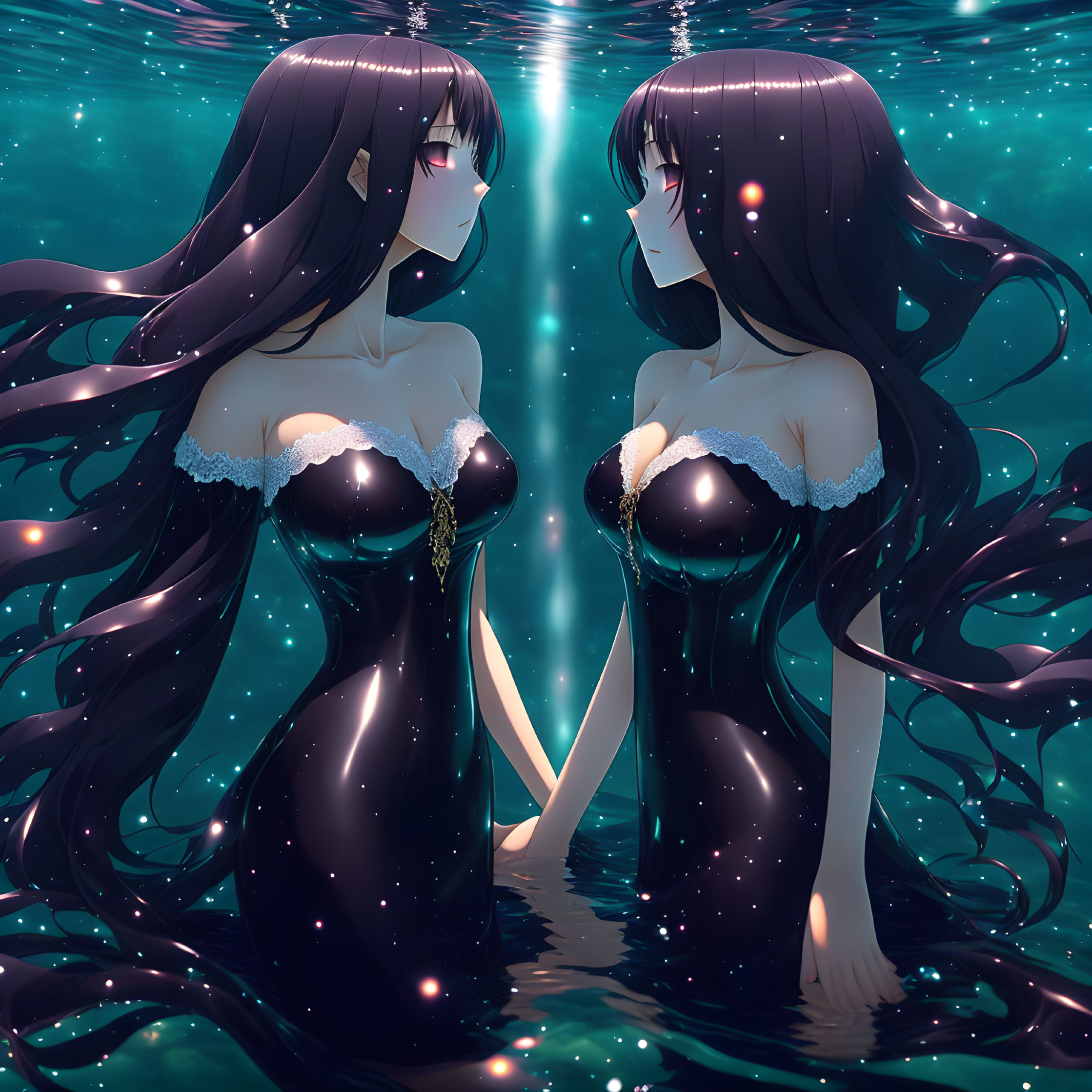 Animated characters with long black hair mirrored in mystical underwater scene