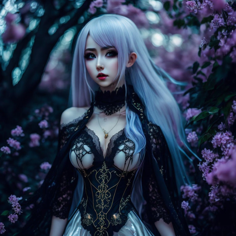 White-Haired Doll in Black and Gold Corset Surrounded by Purple Flowers