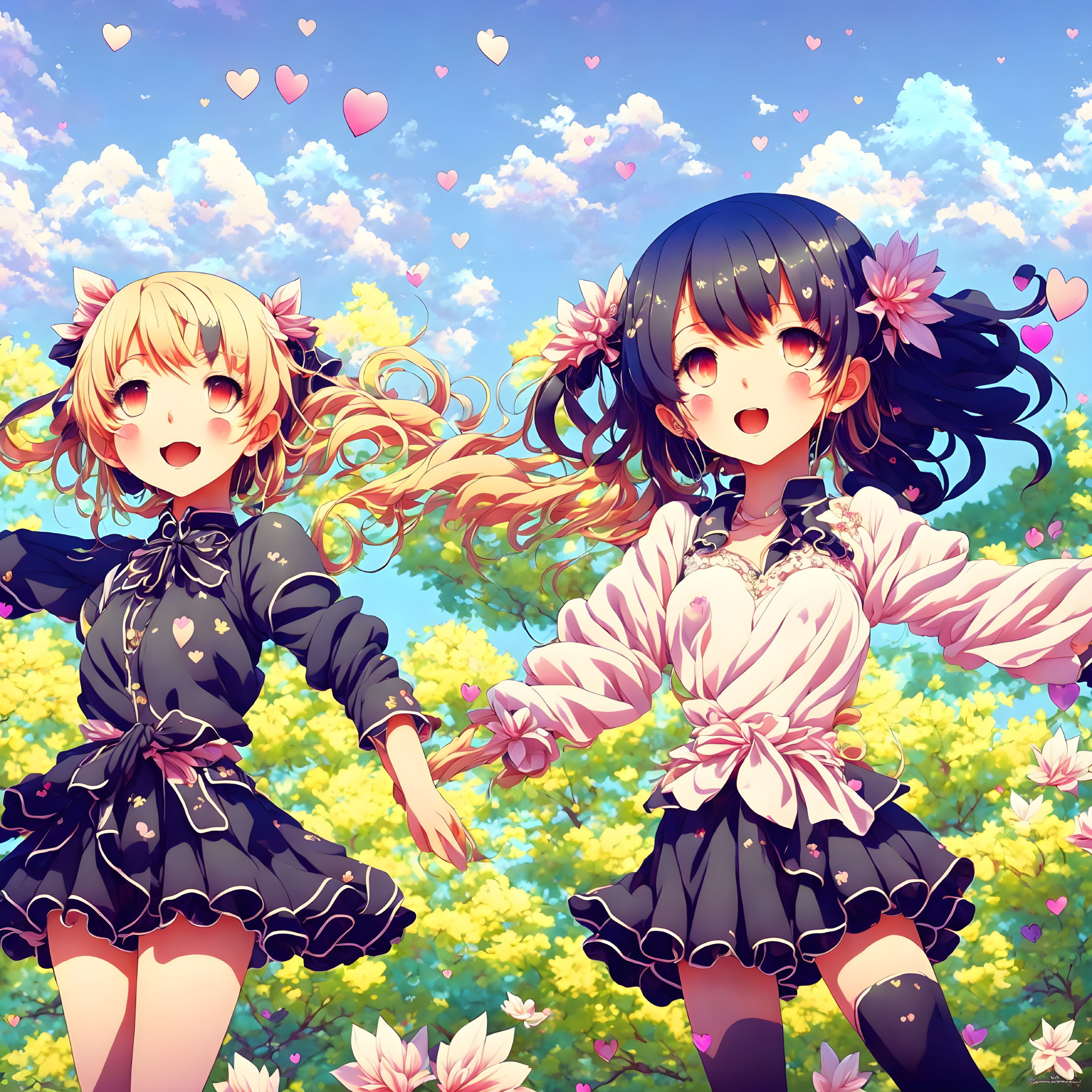 Two girls in frilly dresses with floral hair accessories against a colorful sky backdrop.