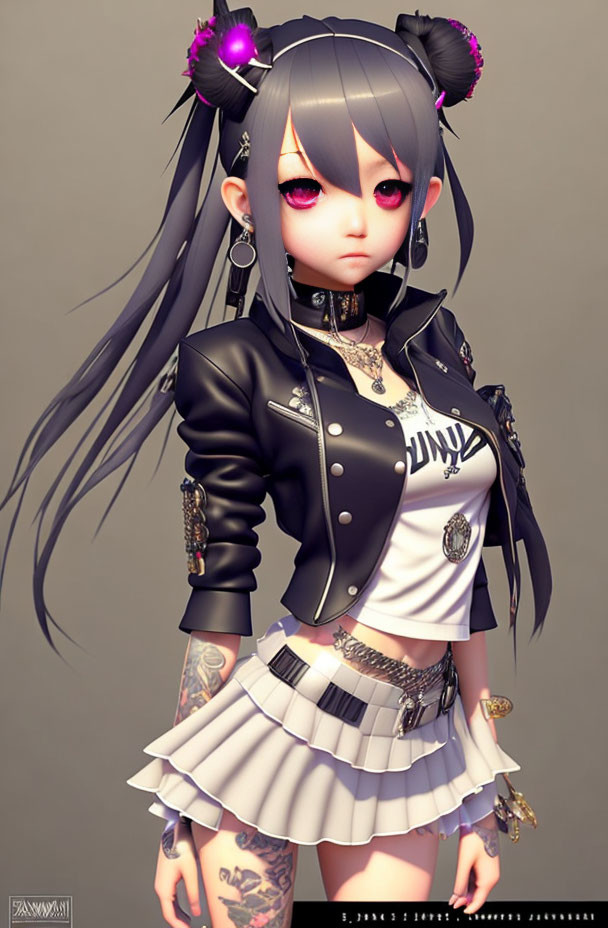 Gray-haired anime character with red eyes and tattoos in punk attire