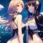 Two animated female characters in elegant attire with light and dark hair against a starry floral backdrop