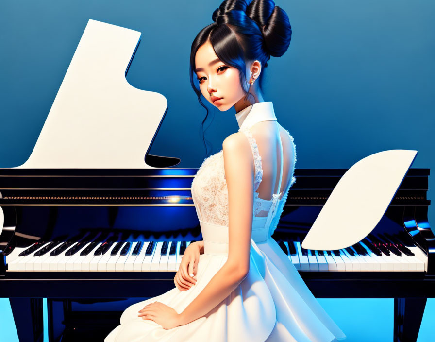 Sophisticated woman in white lace dress by grand piano on blue background