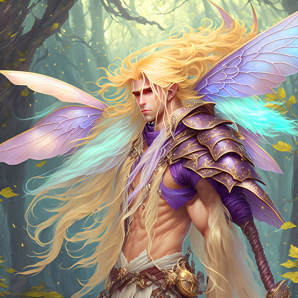 Illustrated male character with long blond hair and majestic purple and gold wings in mystical forest setting