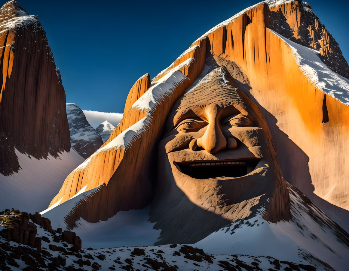 Surreal landscape with smiling face mountain peaks and clear blue sky