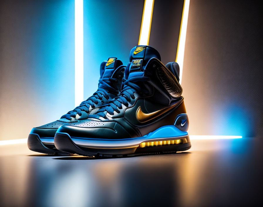 Blue and Black Nike Sneakers with Blue and Orange Neon Lights