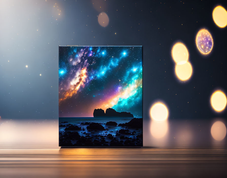 Vibrant cosmic image on canvas against starry backdrop