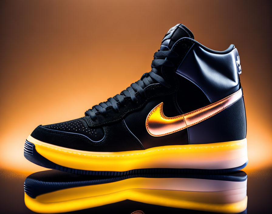 Black High-Top Sneaker with Iridescent Swoosh on Yellow Sole