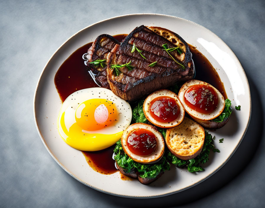 Savory grilled steak with sunny-side-up egg, tomato-topped toast rounds, and herb garn