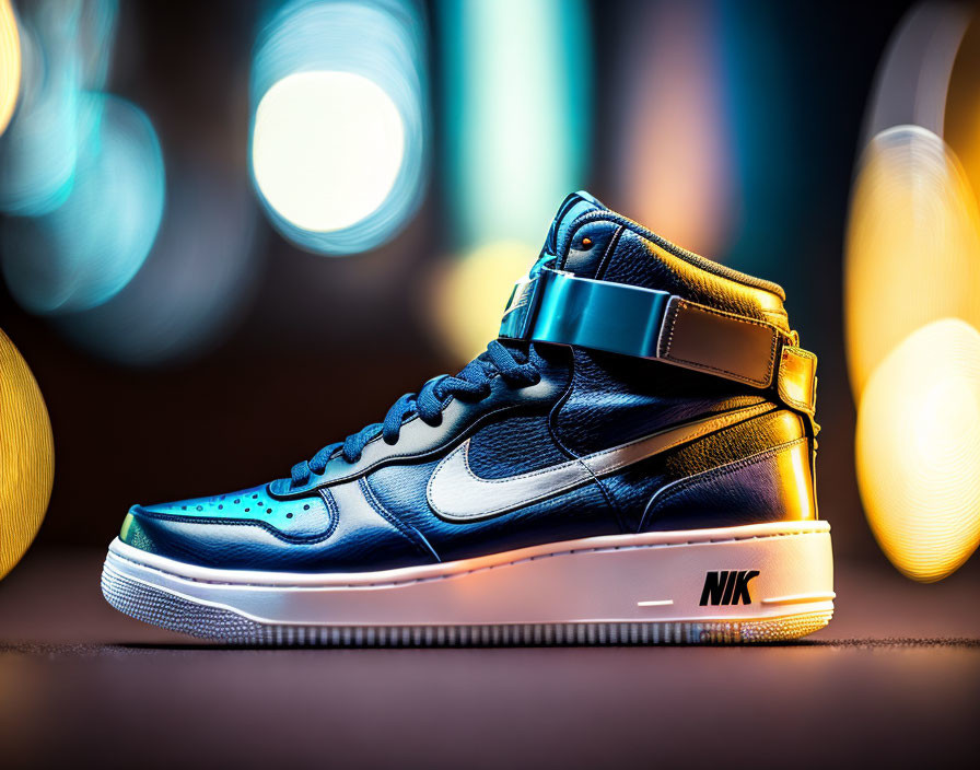 Blue and Black Nike High-Top Sneaker on Blurred Bokeh Background