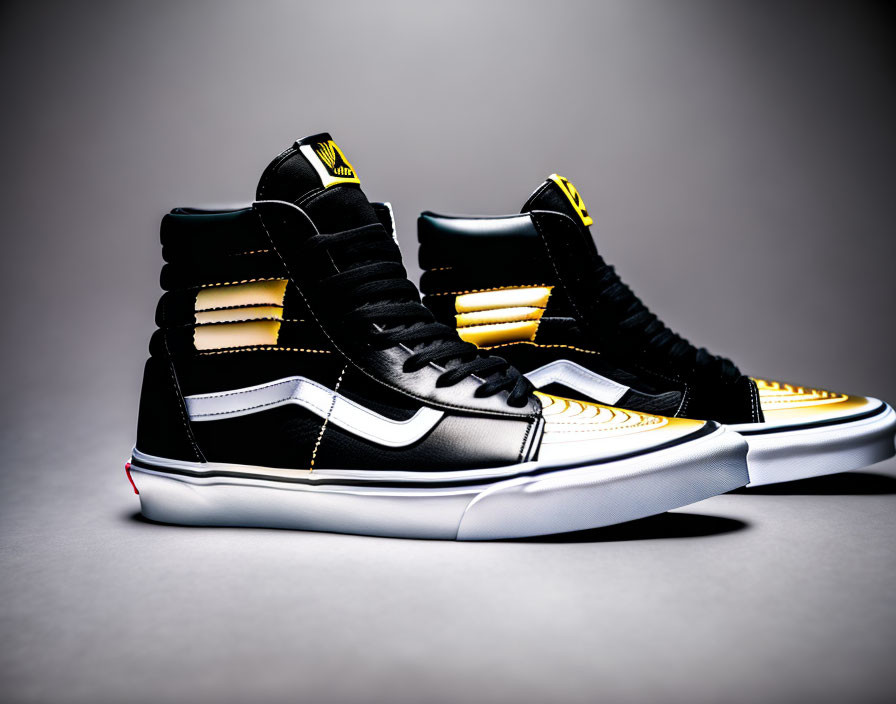 High-Top Sneakers with Black, White, and Yellow Accents and Sidewall Design