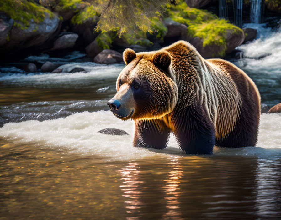 Brown Bear Wading in River with Waterfall and Rocks